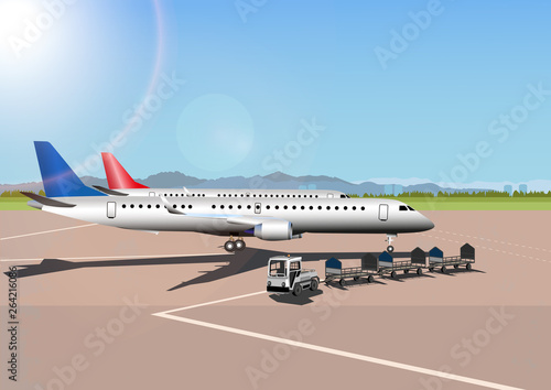 Vector airport concept with aircraft luggage transporter and runway. Vector airport landscape. Vector illustration.
