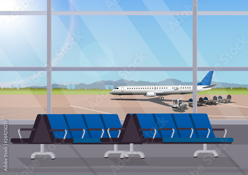 Airport waiting room or departure lounge with chairs. Terminal hall airfield view on airplanes.