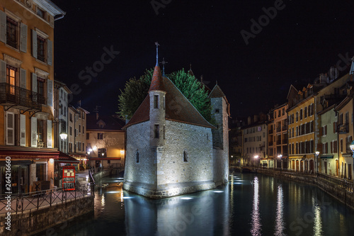 Photography The night view of medieval insular palace Palais de l'Ile jail in Annecy city, F