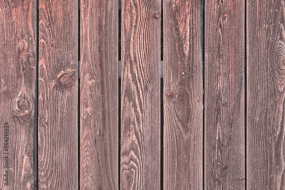 Naklejka premium Fence of vertical brown boards. Background with texture of old wood. Photo for layouts.