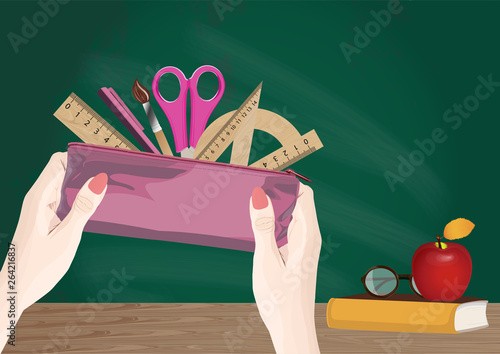 Colorful pencil case with rulers and pencils on white isolated background. Vector illustration.