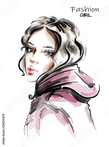 Hand drawn beautiful young woman. Stylish girl. Fashion woman look. Sketch. Vector illustration.