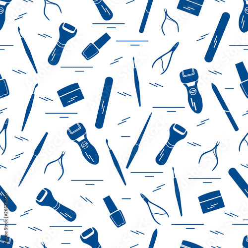 Seamless pattern with variety tools for manicure and pedicure. Personal care.