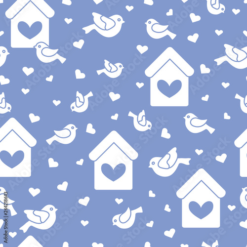 Seamless pattern with birds, birdhouses and hearts