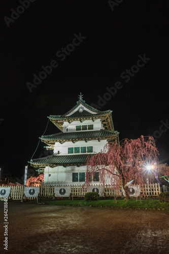春のライトアップされた移転した弘前城の天守の風景