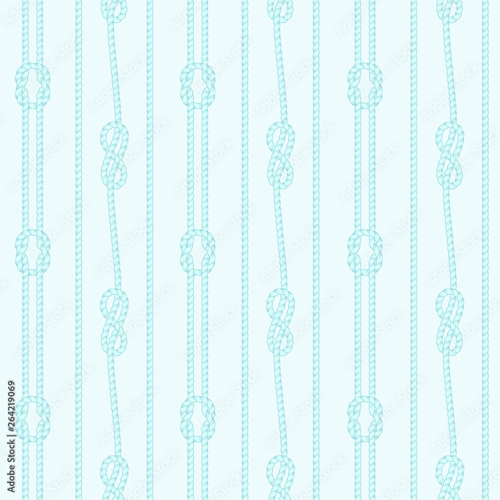 Seamless colorful pattern consisting of ropes and sea knots. Separated light background.