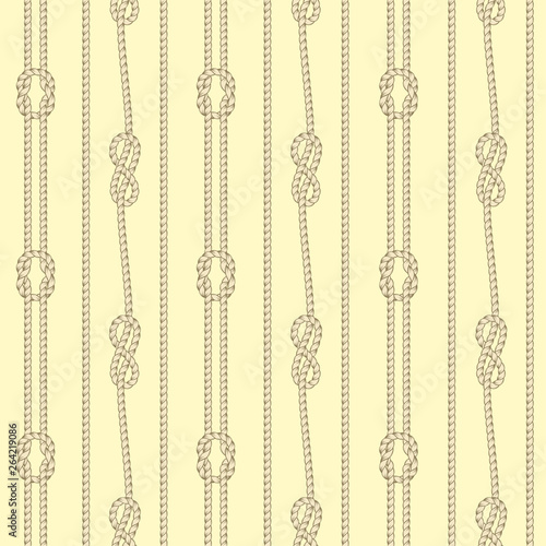 Seamless colorful pattern consisting of ropes and sea knots. Separated light background.
