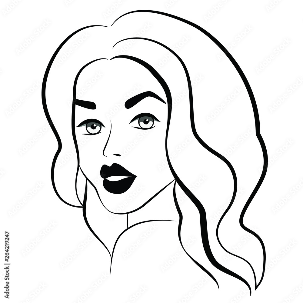 Woman beautiful face, black outline on white background Woman beautiful face, black outline on white background