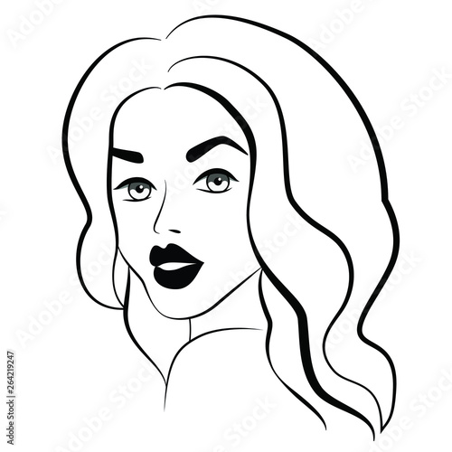 Woman beautiful face, black outline on white background