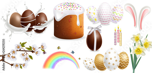 Easter Traditional sweet bread and colorful eggs Vector realistic set collection templates
