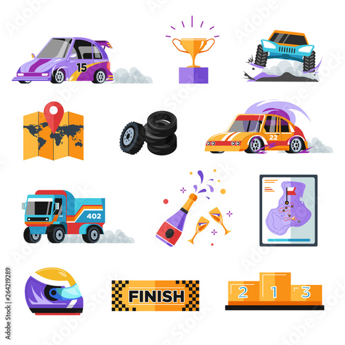 Rally or car race isolated icons vehicles and truck