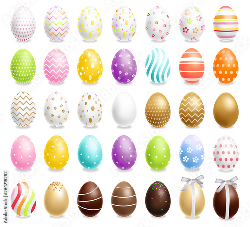 Colorful Easter eggs set Vector realistic. Spring holiday banner. 3d detailed poster templates