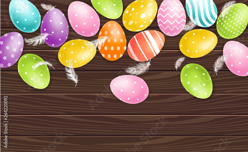 Colorful Easter eggs on wood background Vector realistic. Spring holiday bann...