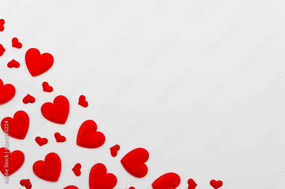 Flat lay frame felt hearts on corner.Copy space for romantic text or banner Flat lay frame felt hearts on corner.Copy space for romantic text or banner