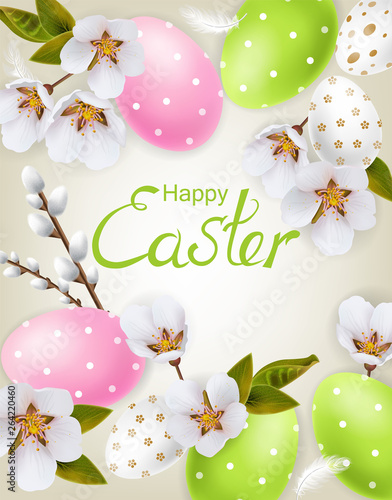 Cherry blossom and Easter colorful eggs Vector realistic. Spring holiday card...