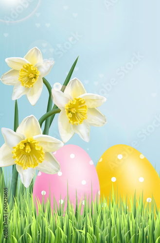 Easter Traditional colorful eggs Vector realistic. Spring holiday banner. Daf...