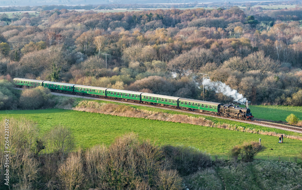 Naklejka premium Steam Steam Train Aerial View Moving Through the Forest Woodland