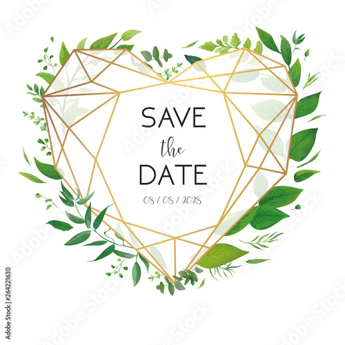 Wedding floral invite, invitation, save the date card design. Luxury, golden geometrical heart shape frame & fresh forest watercolor greenery plants, branches, green leaf wreath botanical illustration