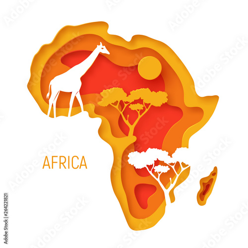 Africa. Decorative 3d paper cut map of Africa continent with wild animals silhouettes. 3d paper cut eco friendly design. Vector illustration