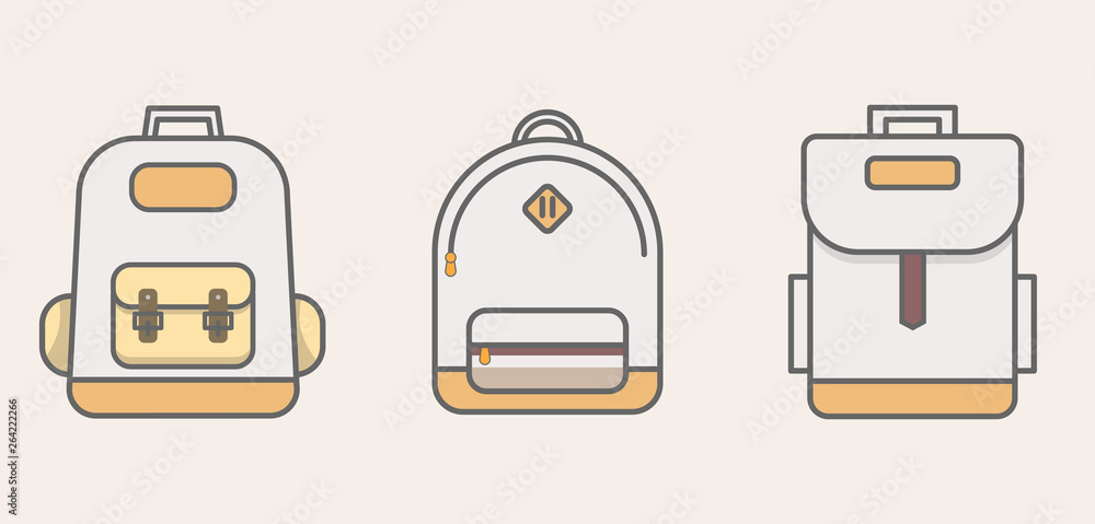 Set of Backpacks on beige background. Collection of Rucksack, travel knapsack, baggage, luggage. Vector illustration Set of Backpacks on beige background. Collection of Rucksack, travel knapsack, baggage, luggage. Vector illustration