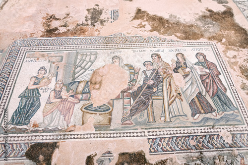 Mosaics at the temple of Apollo in Saranda Kolones castle ruins, Paphos, Cyprus