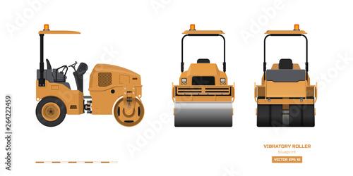 Vibratory roller in realistic style. Side, back and front view. Building machinery 3d image. Industrial isolated drawing of orange asphalt compactor. Diesel vehicle blueprint