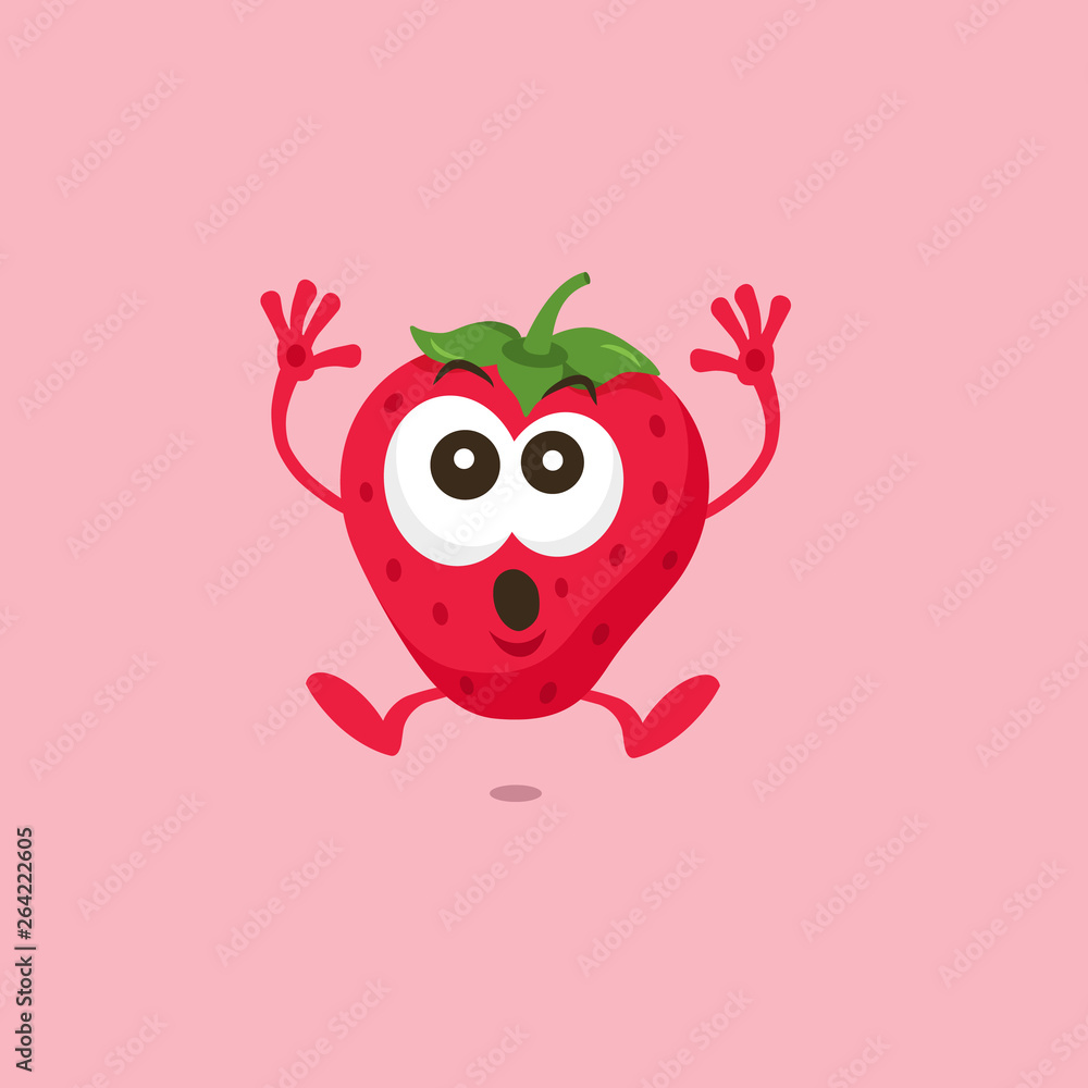 Illustration of cute strawberry scared mascot isolated on light background. Flat design style for your mascot branding.