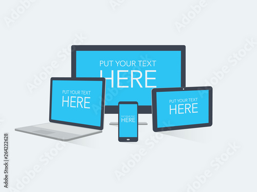 Realistic looking set of devices mockup with computer, tablet, phone and laptop in different angles. Flat design style.