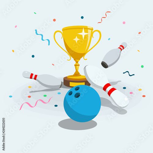 Illustration of bowling tournament symbol with scattered skittles, bowling ball and gold winning cup. Isolated on light background with transparent shadows.