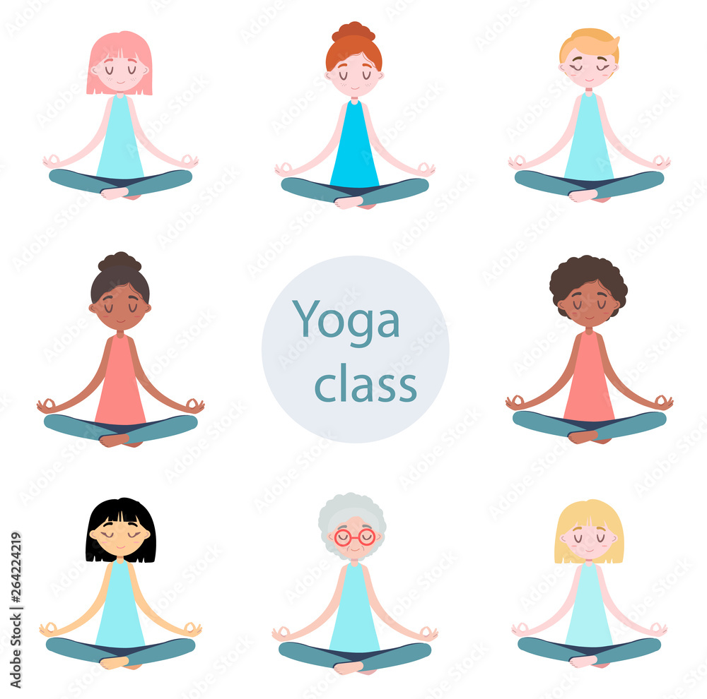 Set of Isolated Meditation Women in Flat Design. Bundle of female cartoon character Woman, Girl Practicing Yoga. Healthy Lifestyle Yoga and meditation flat illustration Set of Isolated Meditation Women in Flat Design. Bundle of female cartoon character Woman, Girl Practicing Yoga. Healthy Lifestyle Yoga and meditation flat illustration