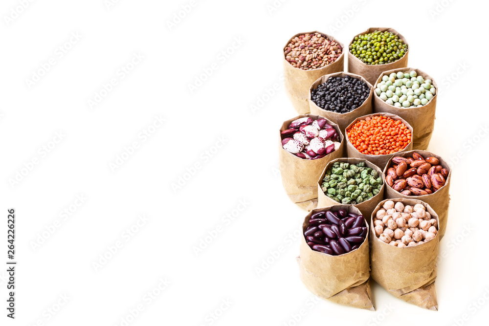 Various assortment set of indian legumes in paper sack bags isolated on white background. Various assortment set of indian legumes in paper sack bags isolated on white background.