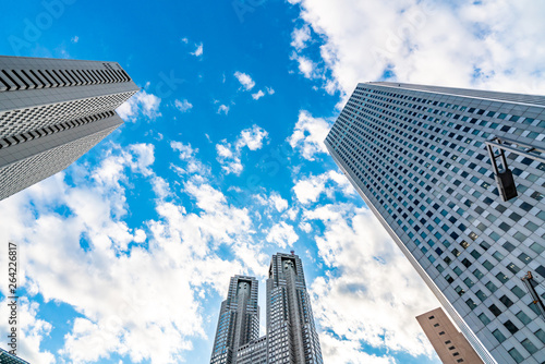 Tokyo, Japan. Modern skyline of Shinjuku, skyward view.