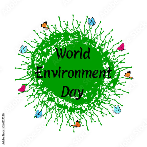 World Environment Day lettering phrase on Earth background with butterflies. Design for greeting cards, posters, banners, cloth, textile, fabric. Vector illustration
