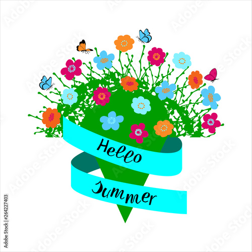 Hello Summer hand drawn lettering phrase with floral compositin on white background. Handwritten calligraphy design for greeting cards, posters, banners, cloth, textile, fabric. Vector illustration