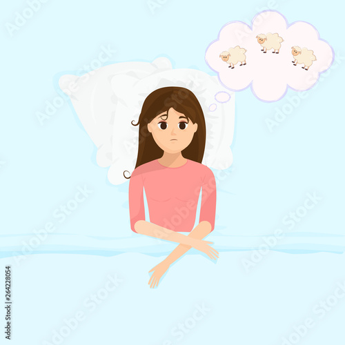 Vector illustration in flat cartoon style with sad sleepless woman in bed counts sheeps. Female insomniac trying to fall asleep. Problem of sleeplessness, nightmares, sleep disorder.