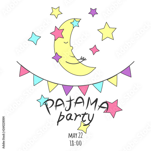 Vector illustration with moon (crescent), stars, pennants and inscription Pajama Party in bright colors. Sleepover, pajama party Invitation, template inviting for slumber pyjama overnight card. 