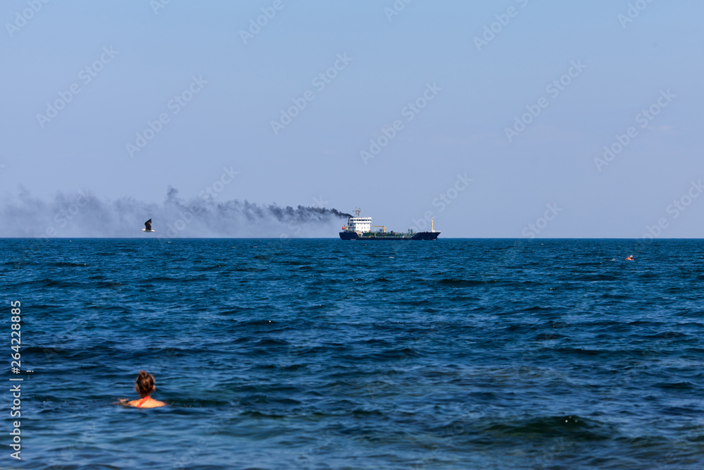Seascape with a smoking ship