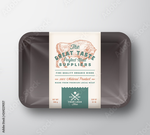 Great Taste Bison. Abstract Vector Meat Plastic Tray Container with Cellophane Cover. Retro Typography Packaging Design Label Template. Hand Drawn Buffalo Bull Vintage Background Layout.