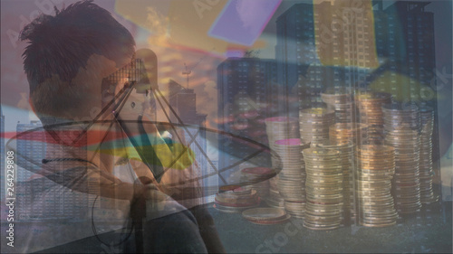 Double Exposure, The man talking on the phone, Pile of money, calculators and graphs placed on the table, Tall buildings in large cities Concept  telecommuting