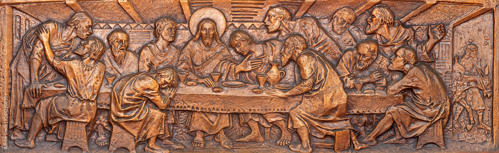 TAORMINA, ITALY - APRIL 9, 2018: The bronze relief of Last Supper in church Chiesa di Santa Caterina d'Alessandria by L. Feretti (1965).