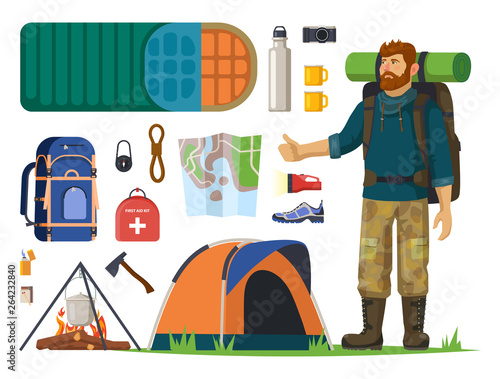 Isolated icons for tourism, journey. Man, backpack