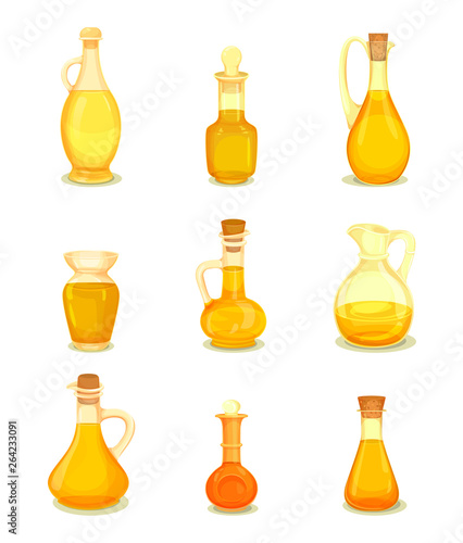 Isolated oil liquid in bottle or jar. Oily drink