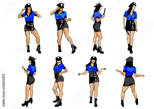 Beauty woman in police uniform on white background