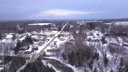 Drone shot over Firemans Park in The Blue Mountains, Ontario in the winter. photo