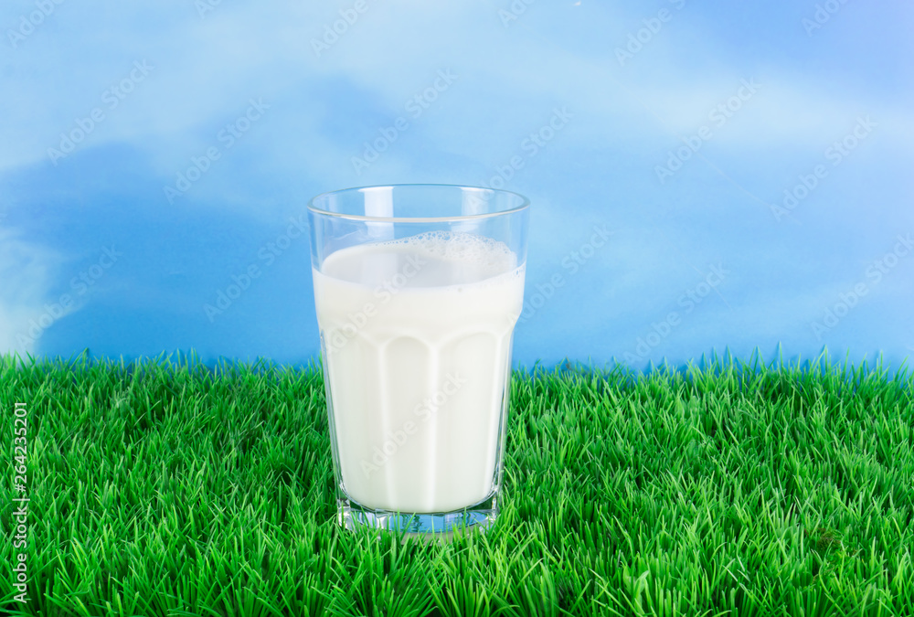 A glass of milk on a lush green meadow, blue sky as background, copy space A glass of milk on a lush green meadow, blue sky as background, copy space