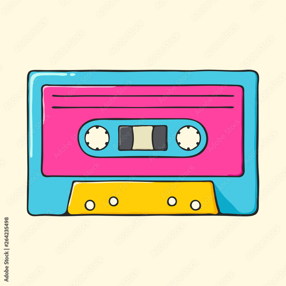 Retro audio cassette hand drawn pop art style illustration.