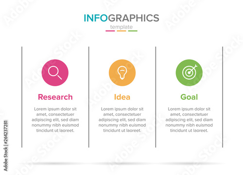 Vector infographic label template with icons. 3 options or steps. Research, idea and goal. Infographics for business concept. Can be used for info graphics, flow charts, presentations, web sites.