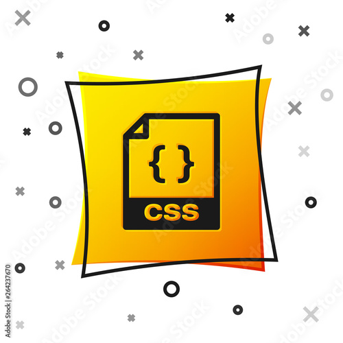 Black CSS file document icon. Download css button icon isolated on white background. CSS file symbol. Yellow square button. Vector Illustration