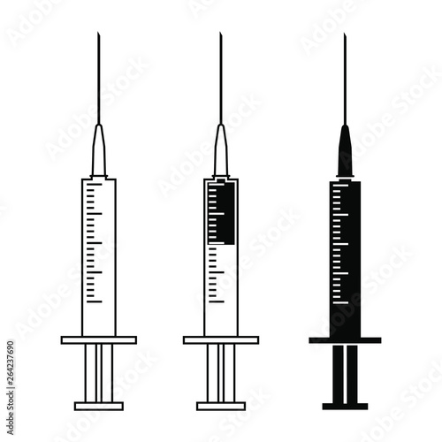 Set icons syringes for injection. Isolated symbols on white background. Black and white flat design. Vector illustration