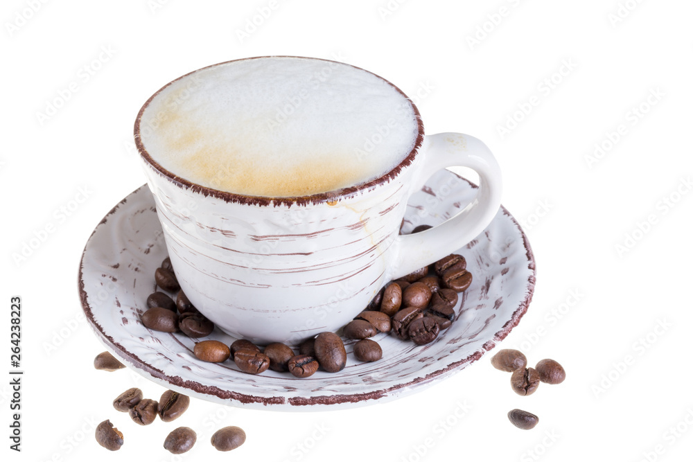 Cappuccino coffee on a white background with milk chocolate and coffee beans. Cappuccino coffee on a white background with milk chocolate and coffee beans.